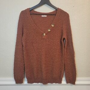 Maurices Sweater Zig Zag Semi Sheer Knit Button‎ V Neck Burnt Orange Fall Medium